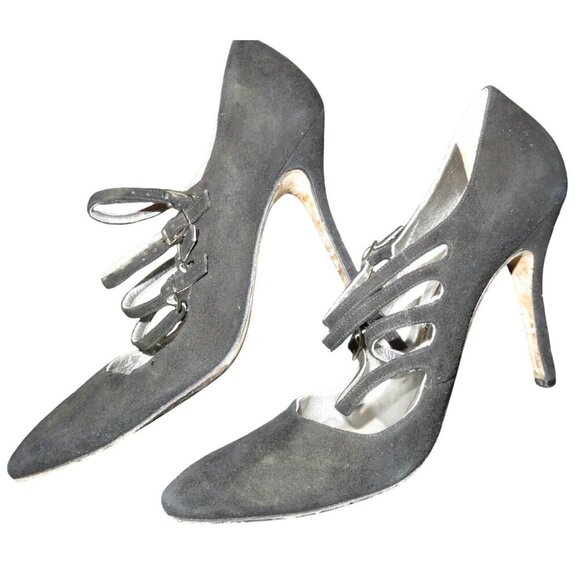 Manolo Blahnik Black Italian Suede Leather MaryJane Buckle pumps sz 38.5 or  8.5 - Picture 4 of 11